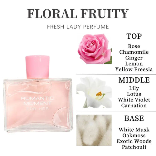 3.4fl Oz Women's Eau De Parfum - ROMANTIC MOMENT - Floral & Woody - With Rose, Chamomile, and Lemon - Medium Intensity Perfume Doba