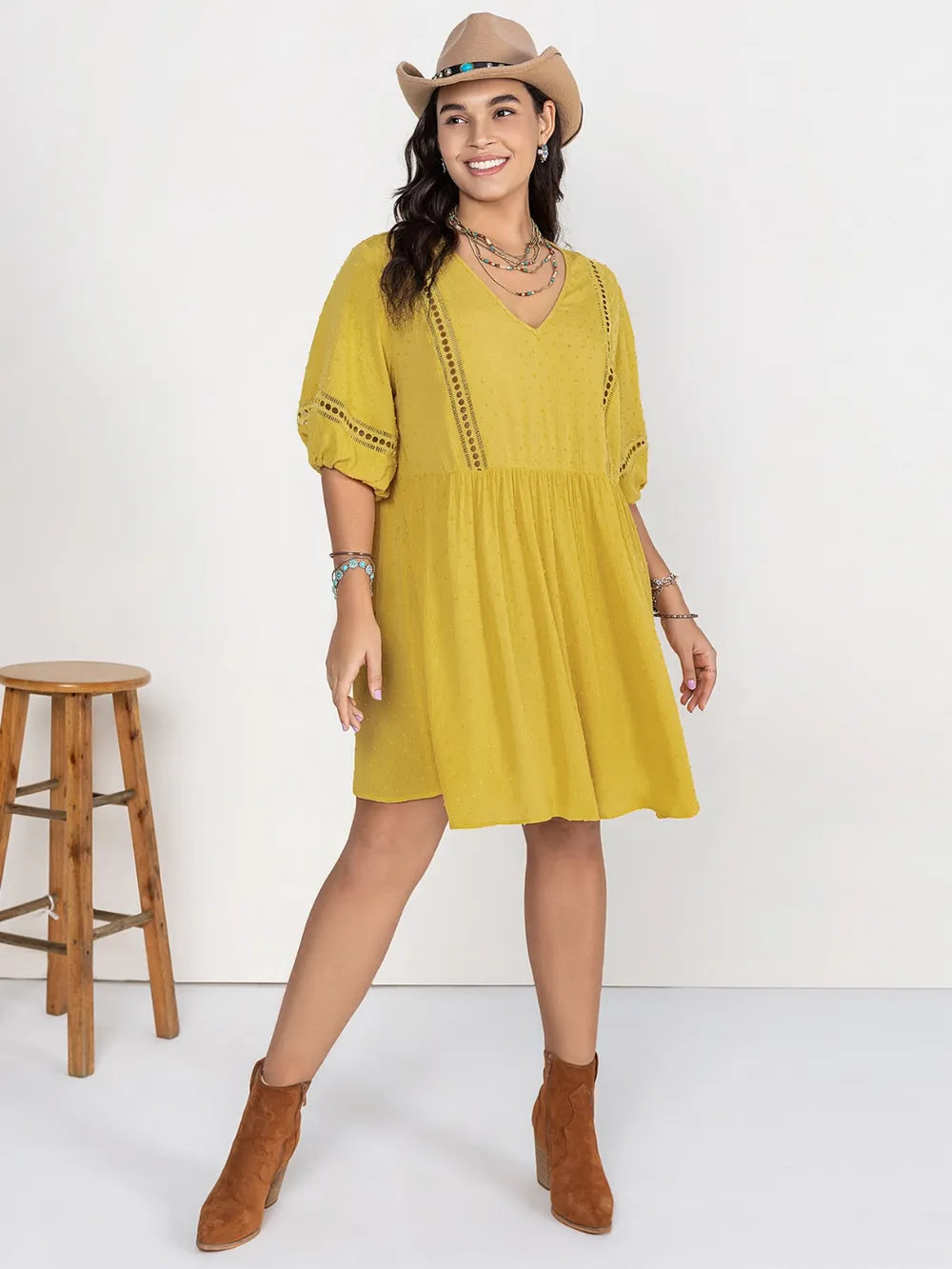 Women's Plus Size Eyelet Mini Dress in Yellow