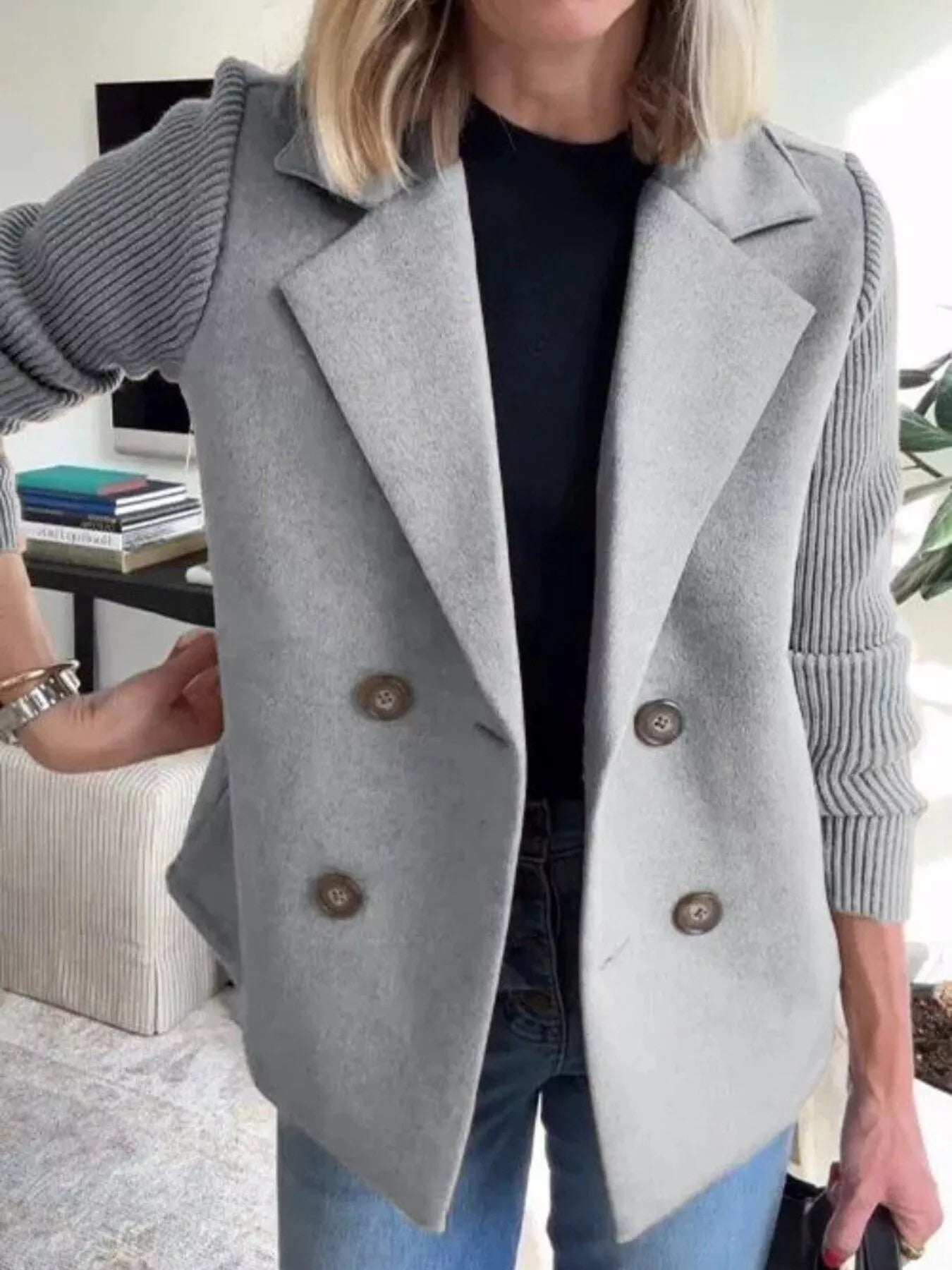 Women's Double-Breasted Jacket with Knit Sleeves