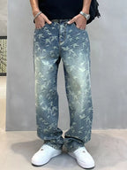 Men's Vintage Bird Print Loose Fit Jeans