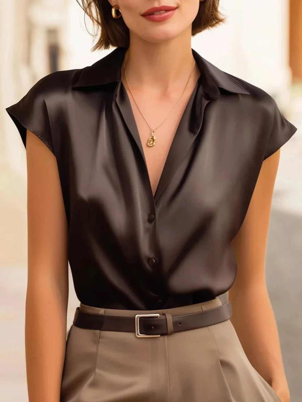 Women's Cap Sleeve Button Up Shirt