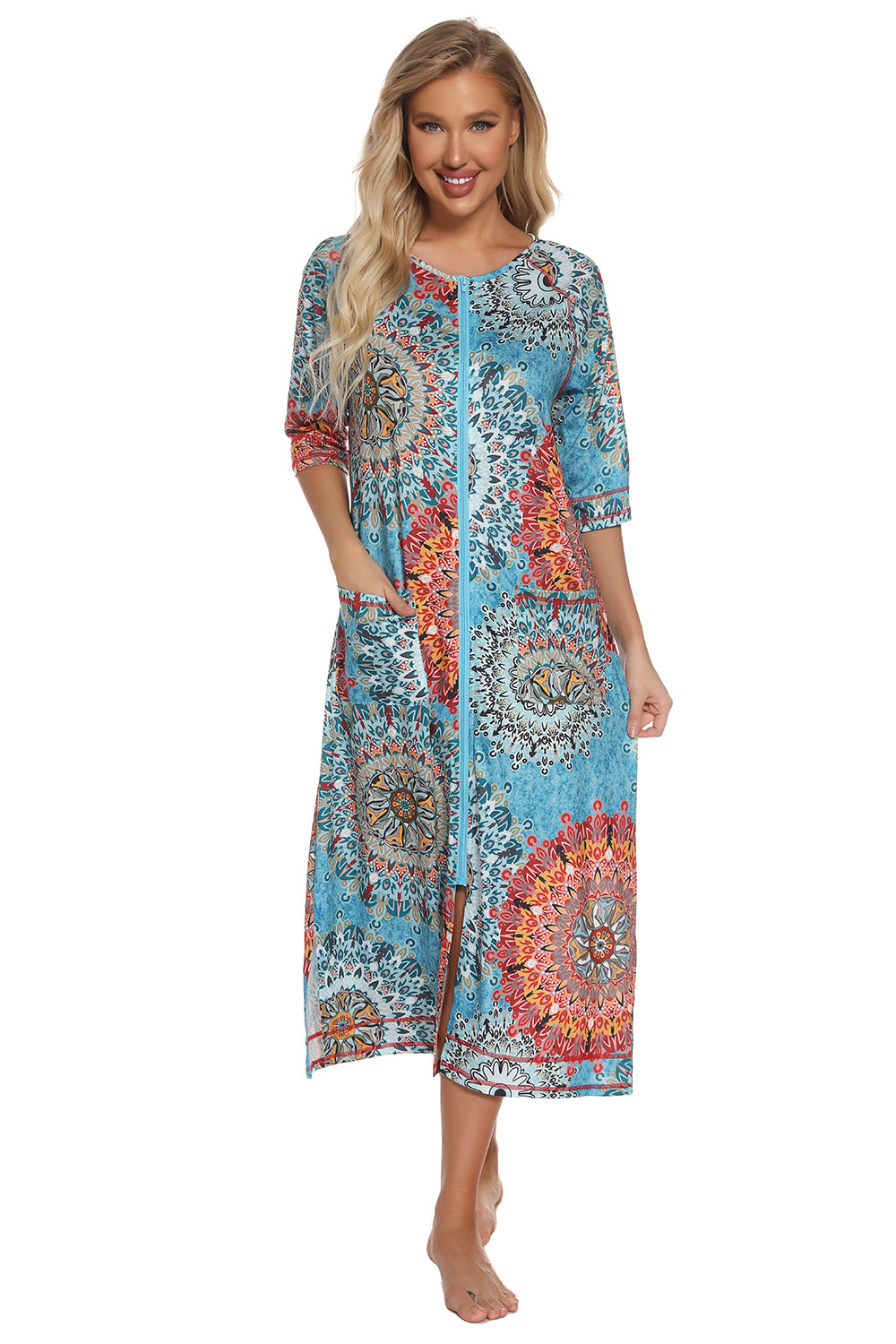 Women's Printed Slit Night Dress with Pockets