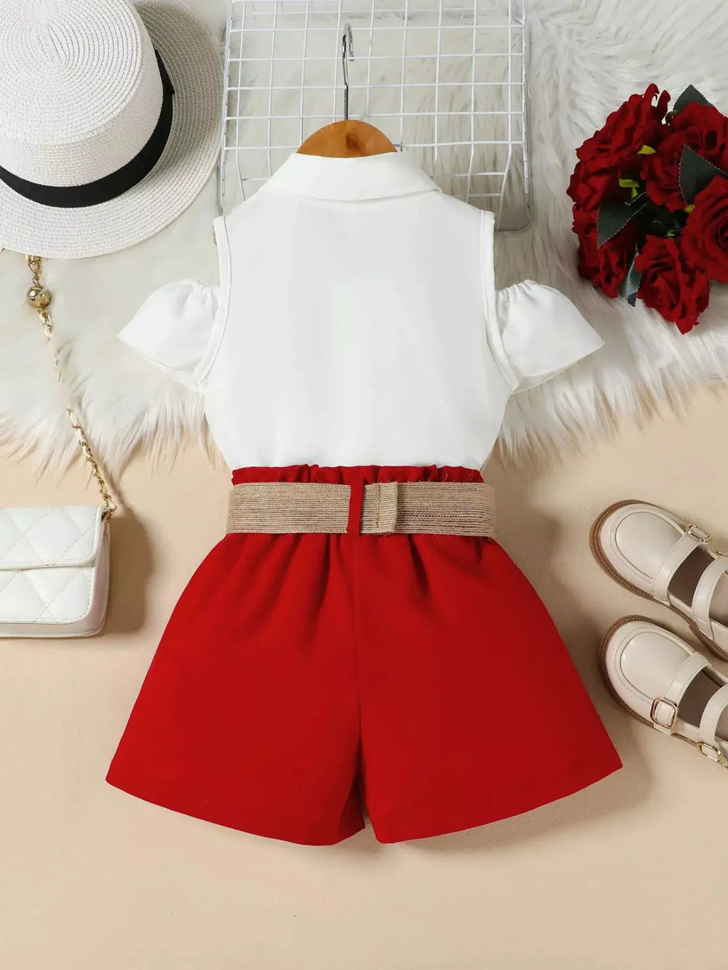 Girls White Ruffle Cold Shoulder Top and Shorts Set with Belt — Parfymia