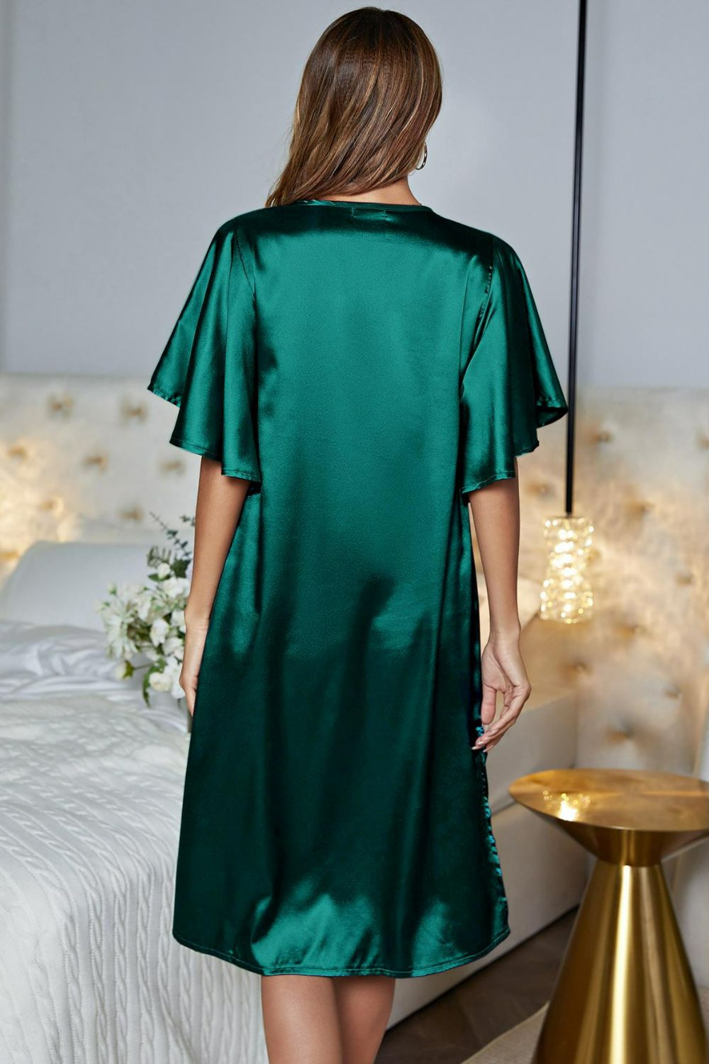 Women's Satin V-Neck Night Dress with Flutter Sleeves