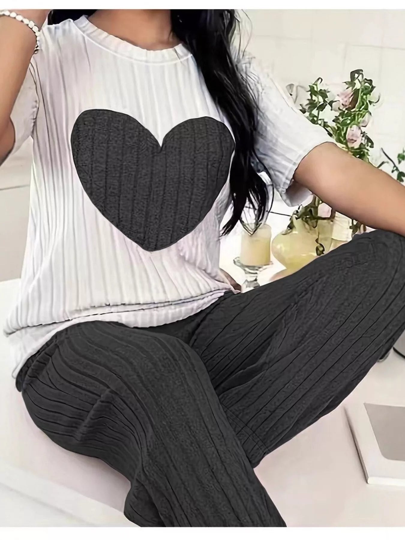 Women's Loungewear Heart Ribbed Knit Set