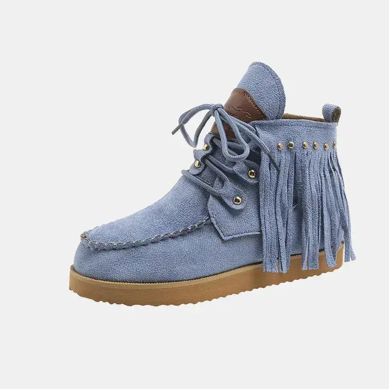 Canvas Fringe Studded Round Toe Boots by Parfymia