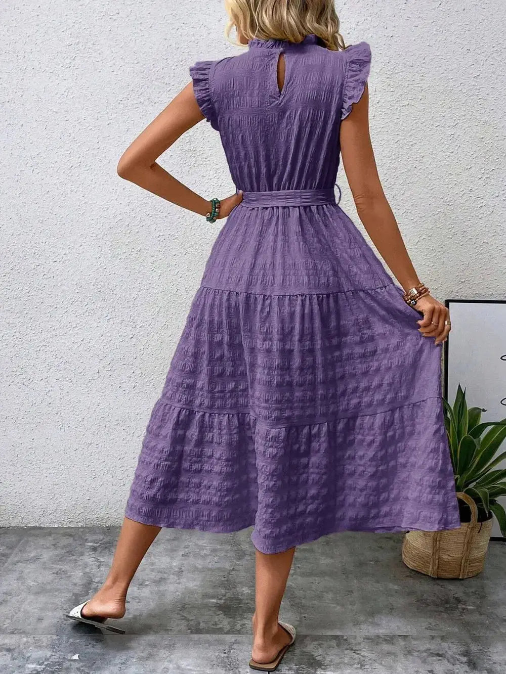 Tied Ruffled Cap Sleeve Midi Dress Trendsi