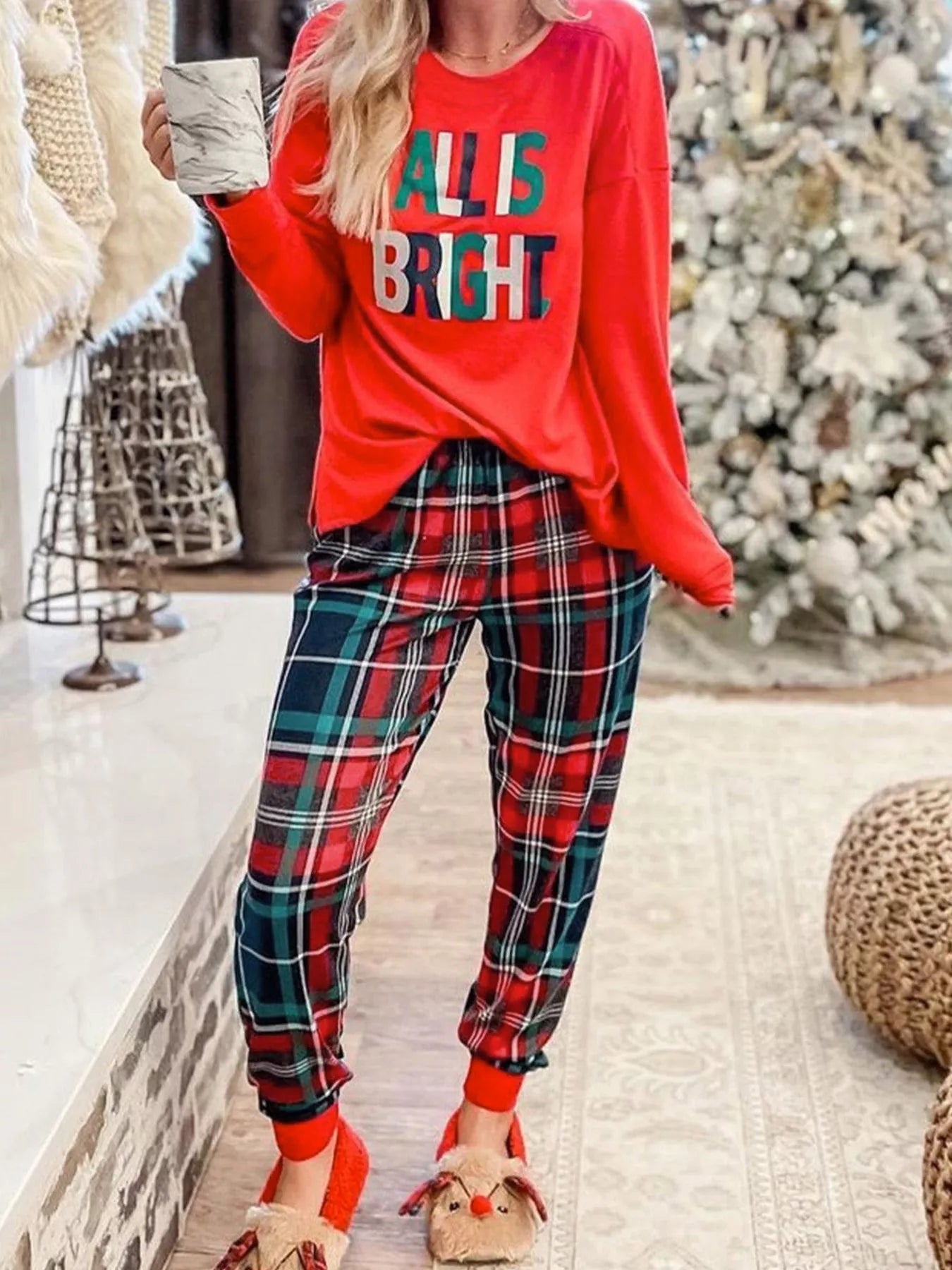 Women's Loungewear Graphic Christmas Plaid Pajamas Set
