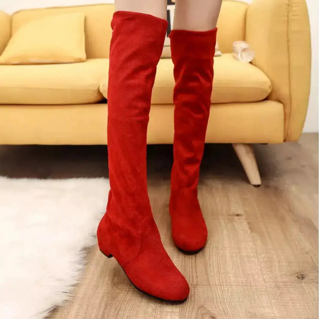 Suede Round Toe Block Heel Boots by Parfymia