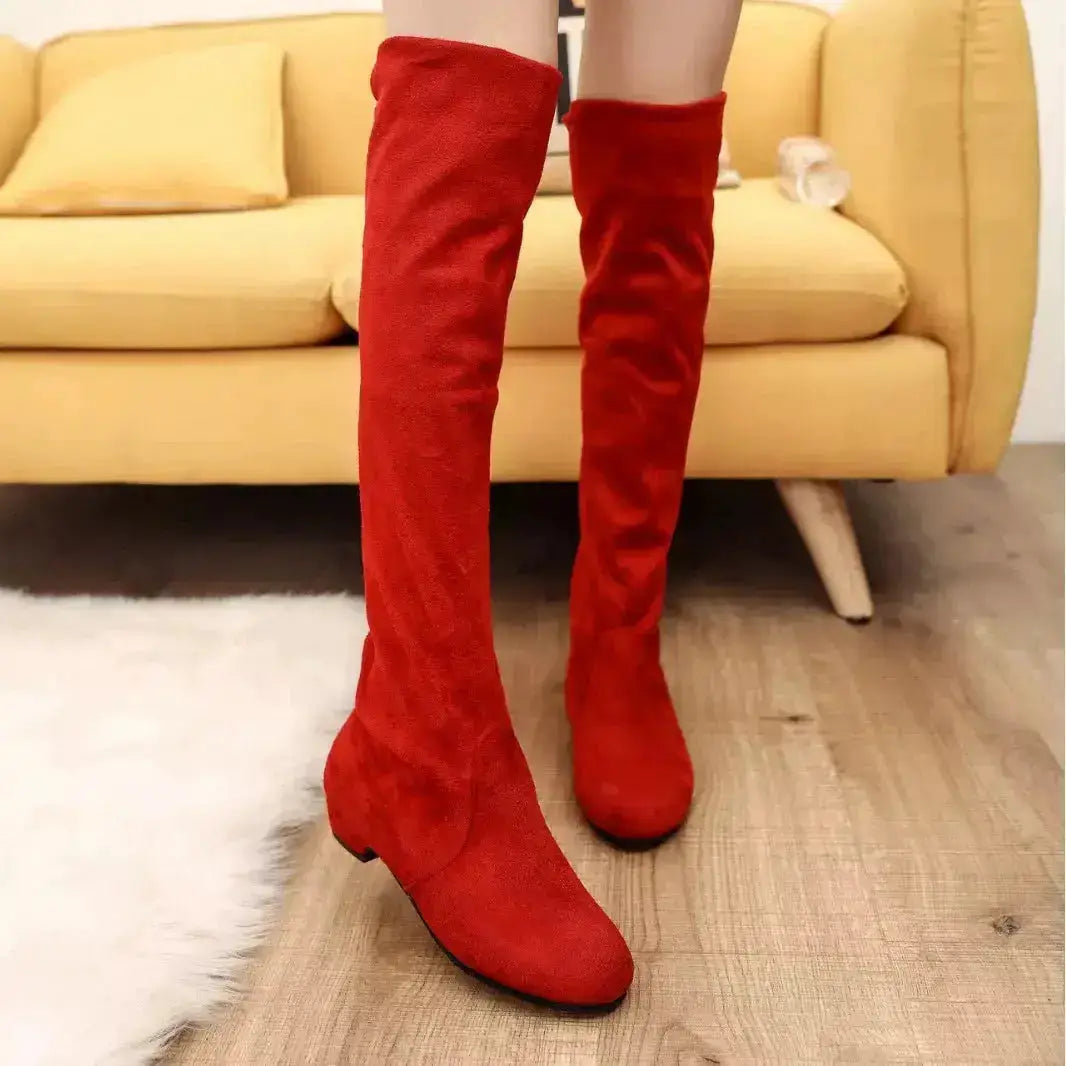 Suede Round Toe Block Heel Boots by Parfymia