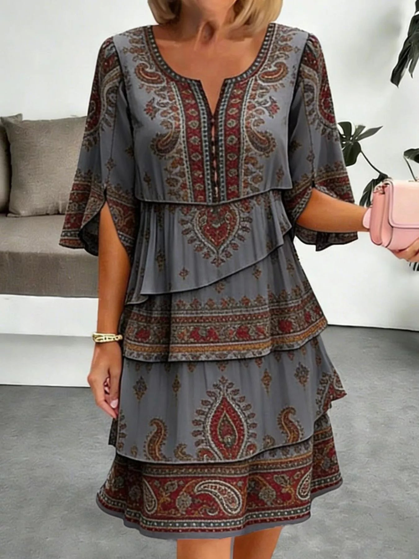 Women's Paisley Print Ruffle Mini Dress Plus Size