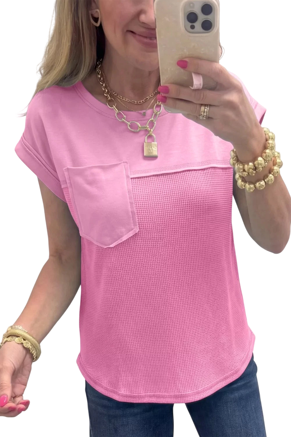 Solid Color Raw Seam Waffled Patchwork Casual T Shirt