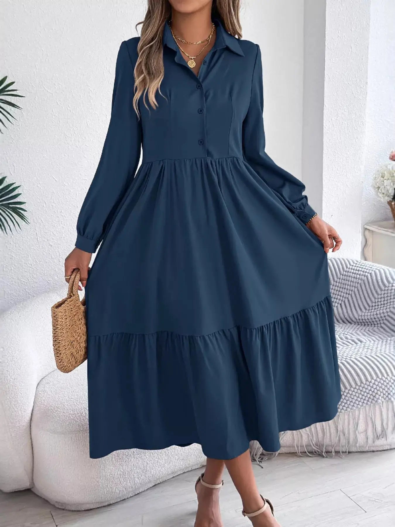 Long Sleeve Tiered Button Front Midi Dress Trendsi