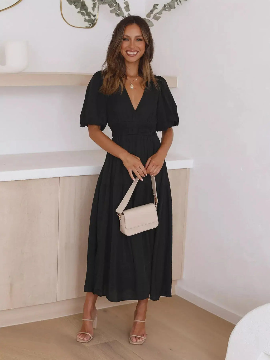 Tiered Puff Sleeve Midi Dress Trendsi