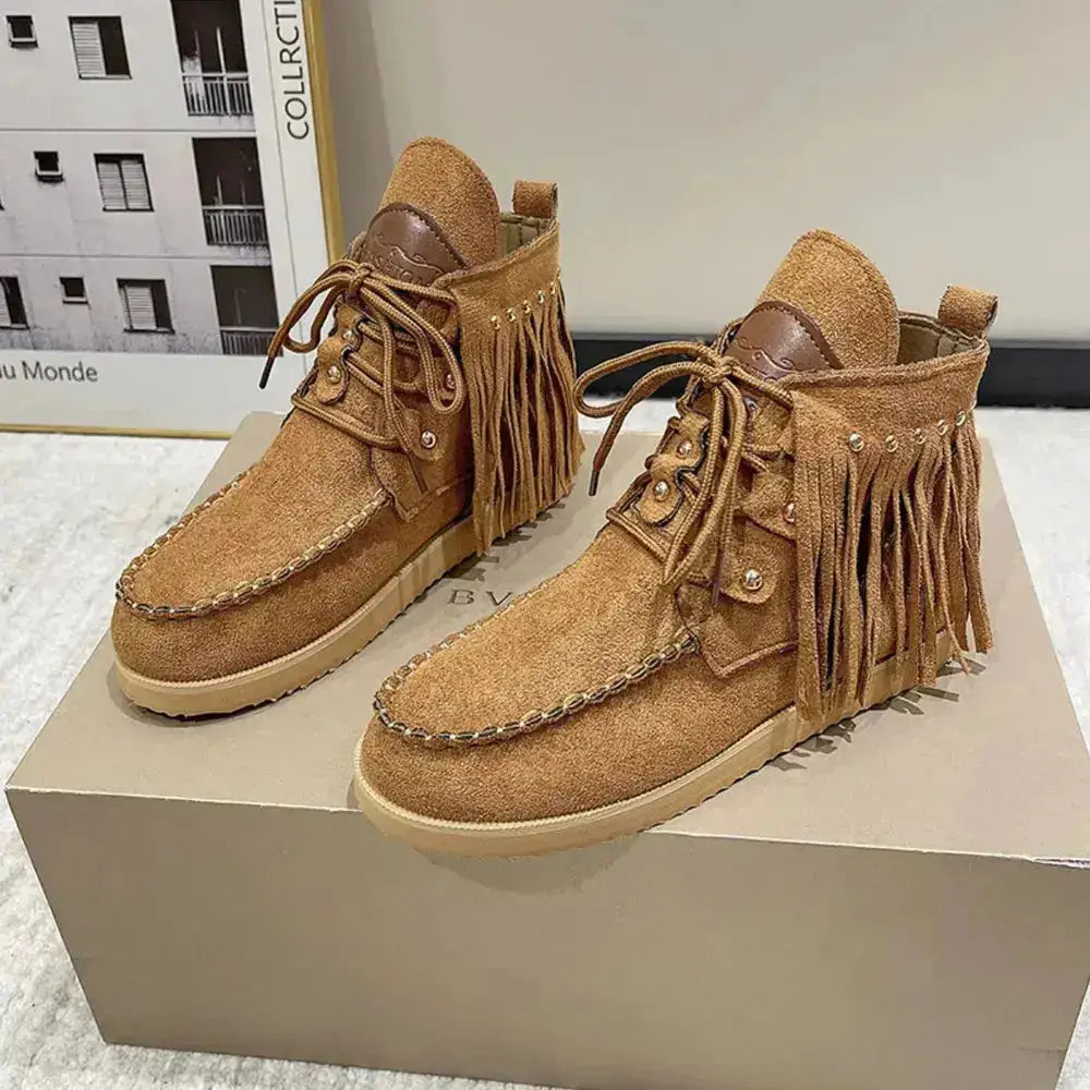 Canvas Fringe Studded Round Toe Boots by Parfymia