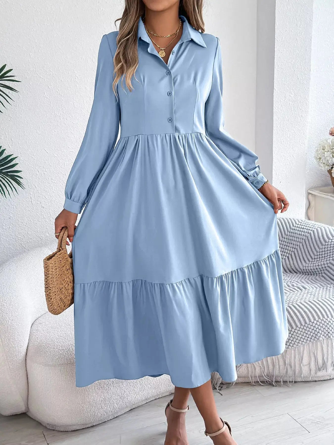 Long Sleeve Tiered Button Front Midi Dress Trendsi