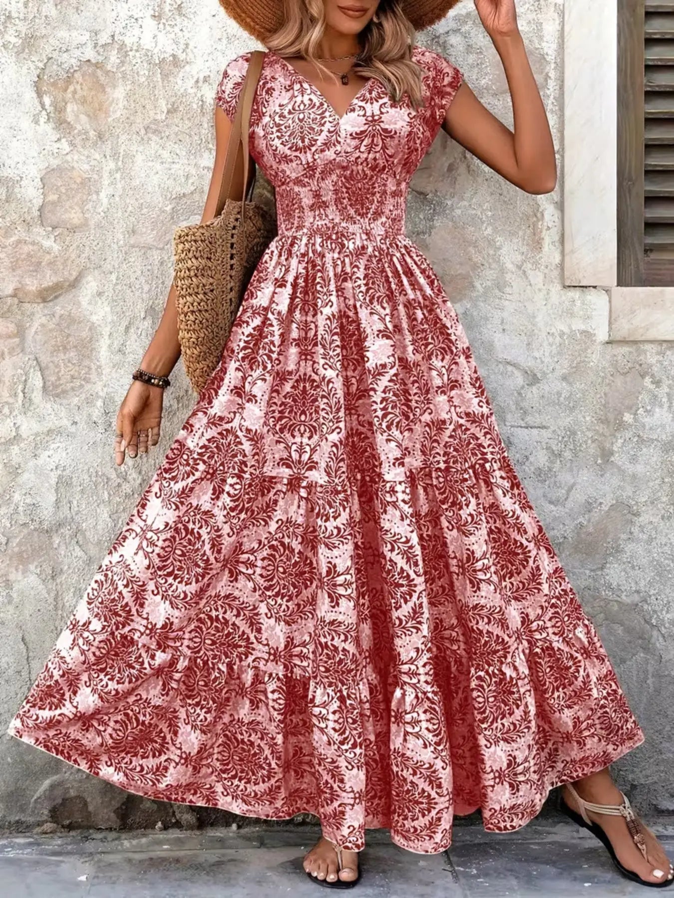 Printed Cap Sleeve Maxi Dress Trendsi
