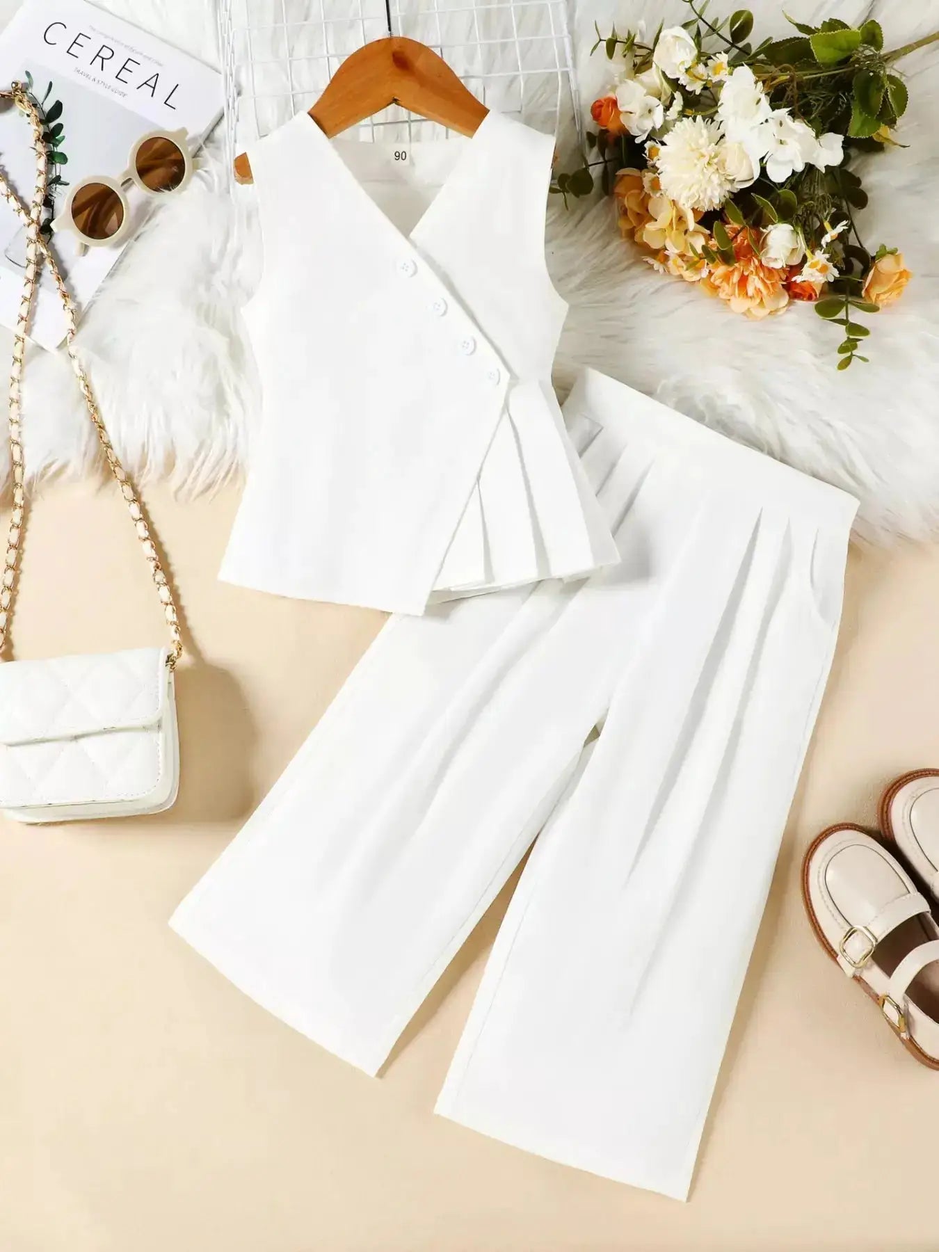 Kids Sleeveless Top And White Wide Leg Pants Two Piece Set — Parfymia