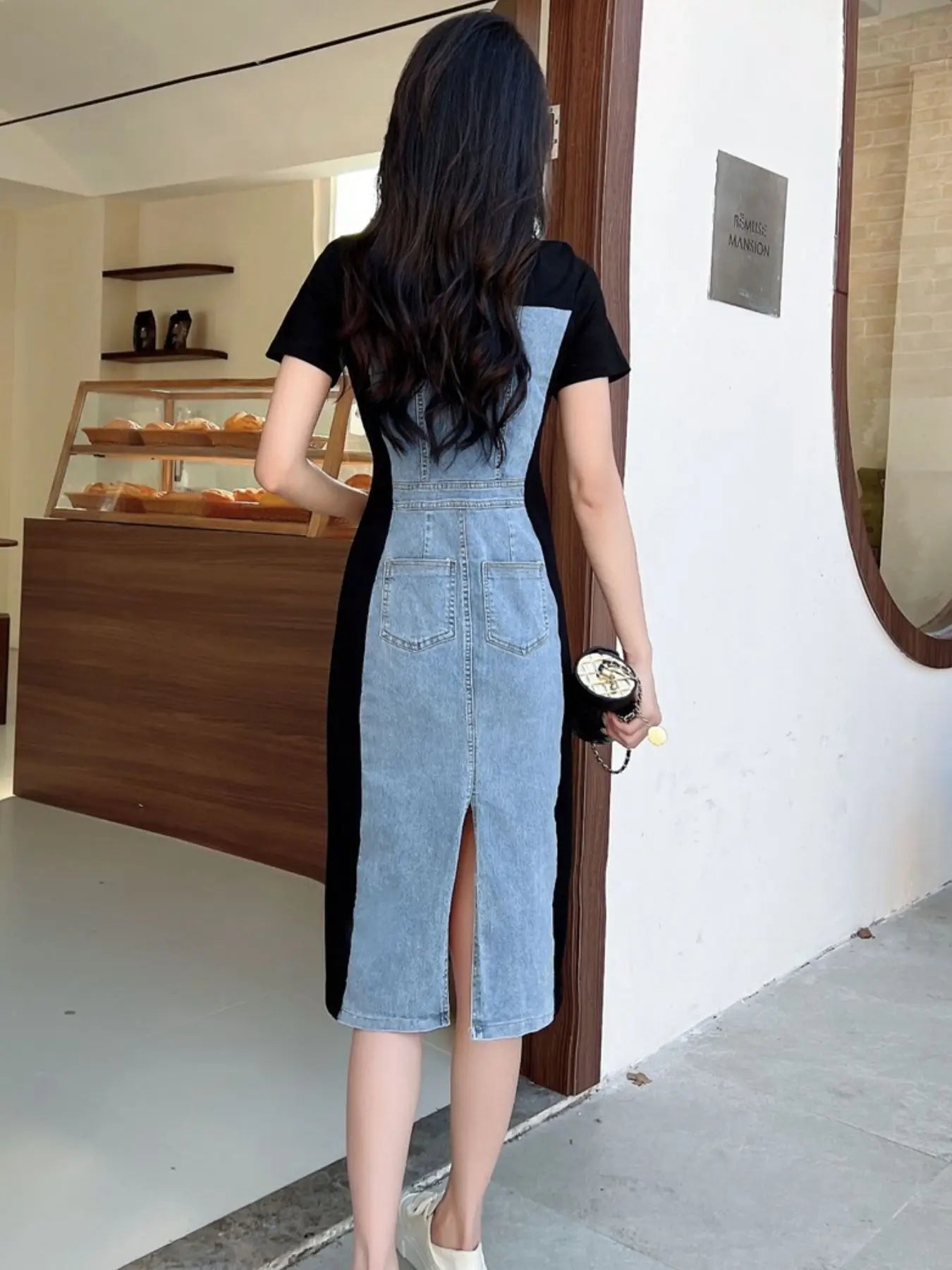 Full Size Denim Patchwork Short Sleeve Slit Back Dress Plus Size Trendsi