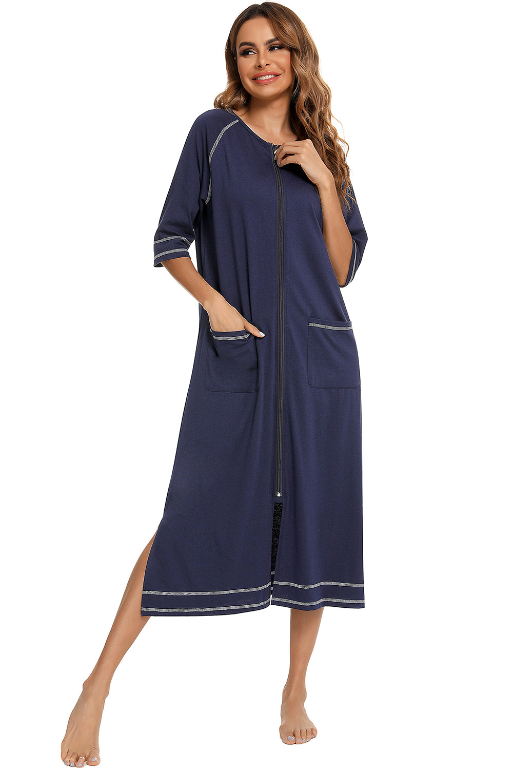 Women's Night Dress with Zip Front & Pockets
