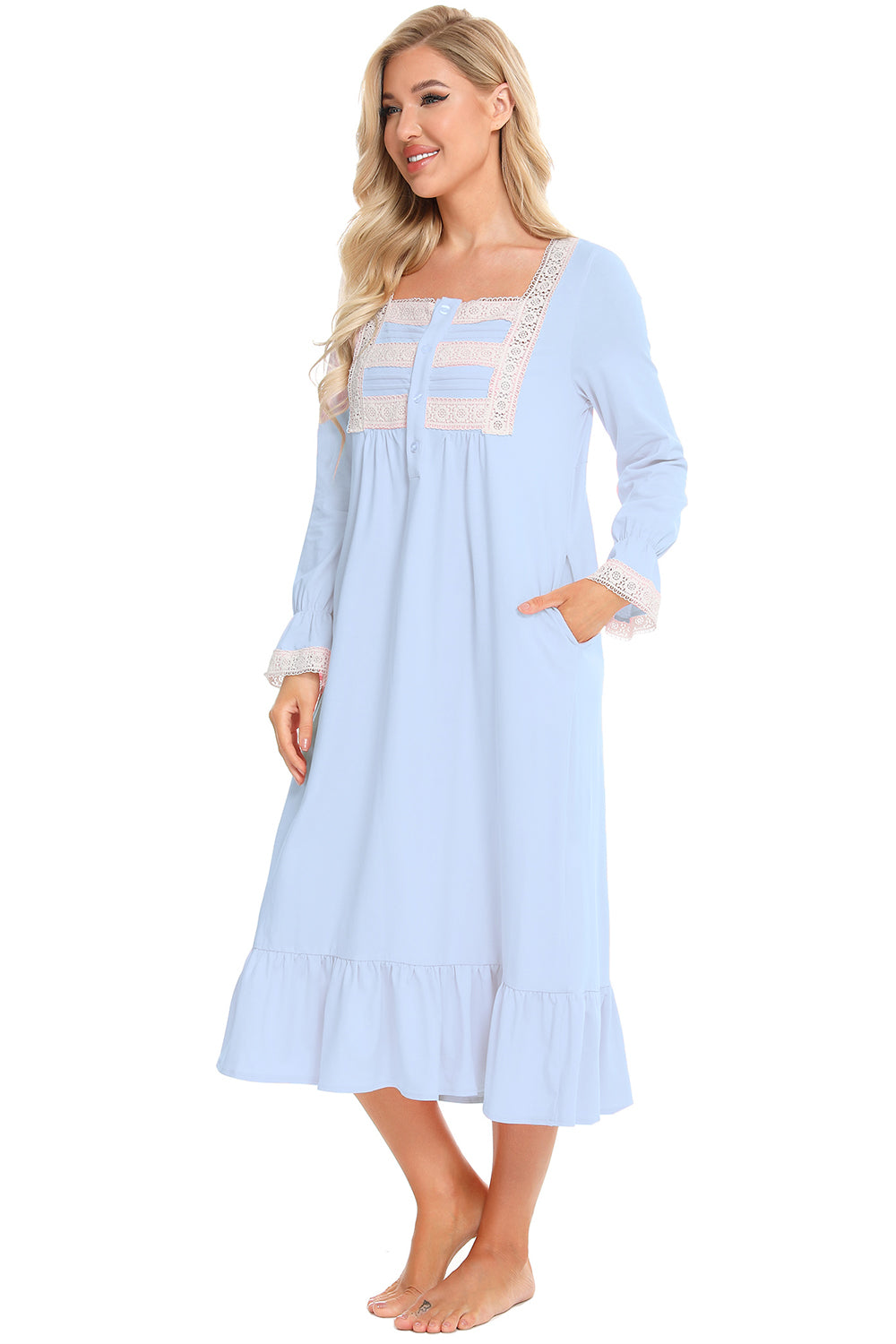 Women's Night Dress – Lace Square Neck Flounce Sleeve