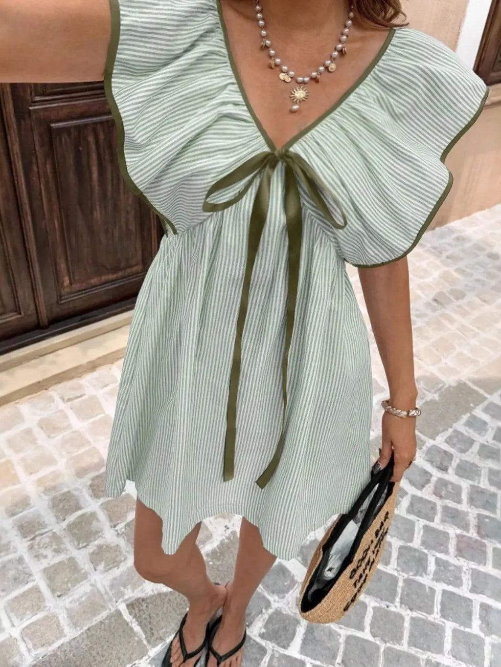 Striped Ruffle Sleeve Mini Dress Trendsi