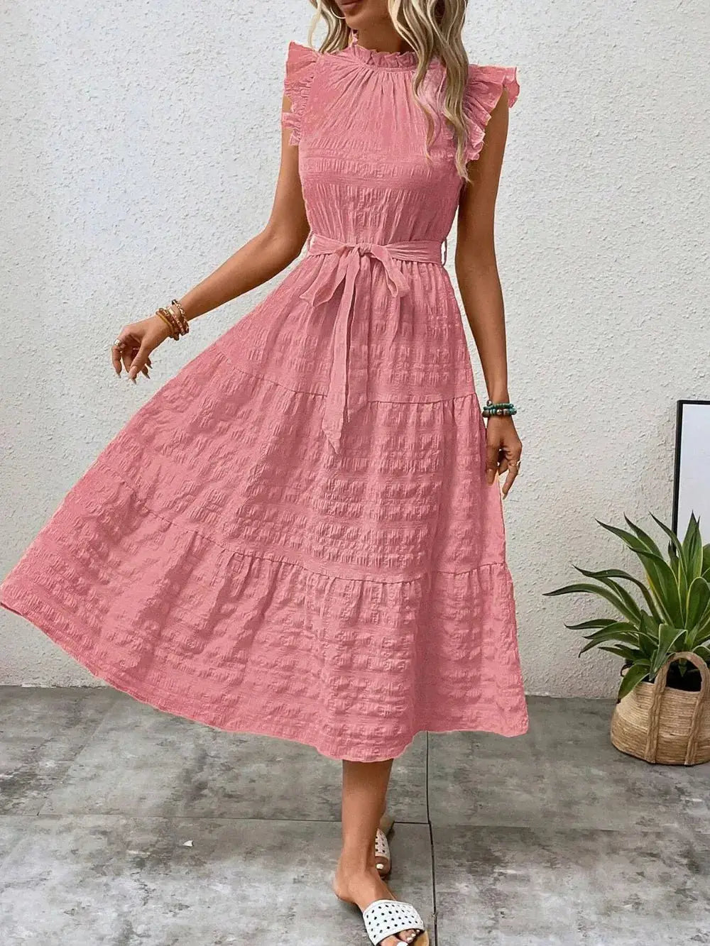 Tied Ruffled Cap Sleeve Midi Dress Trendsi