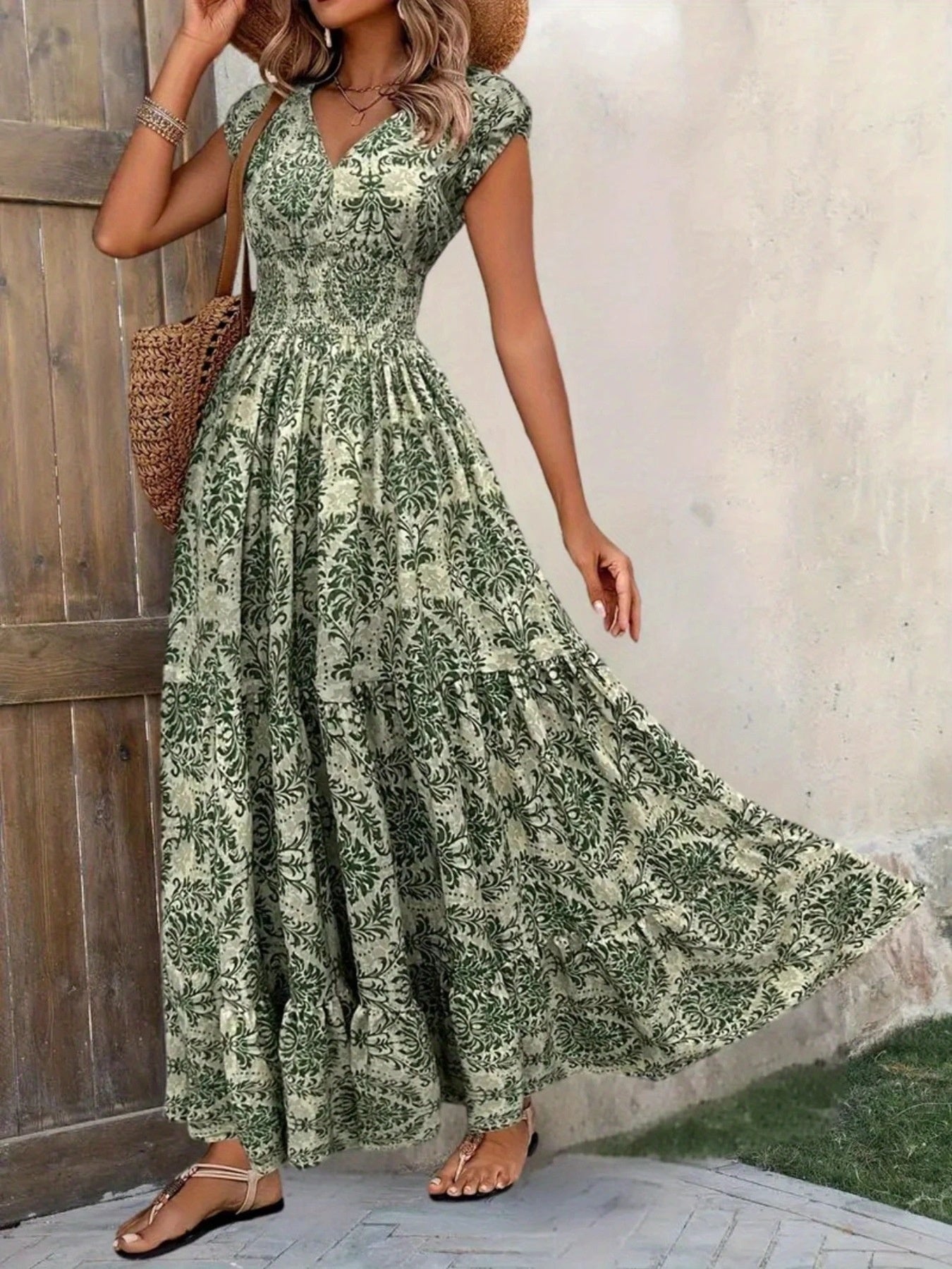 Printed Cap Sleeve Maxi Dress Trendsi