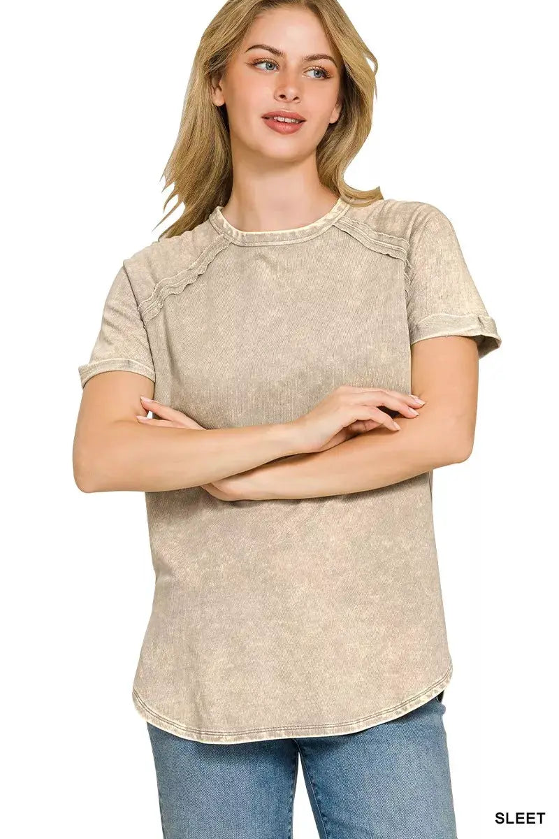 Zenana Washed French Terry Curved Hem Top Relaxed Fit Casual — Parfymia