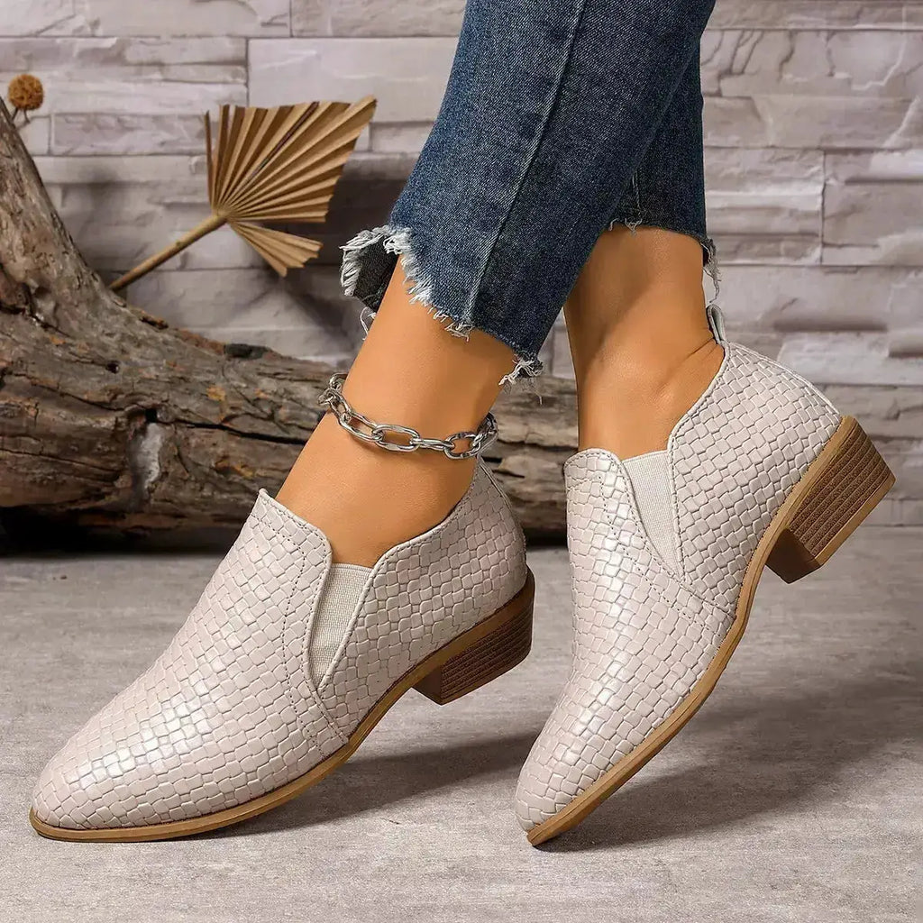 PU Leather Point Toe Block Heels Ankle Boots by Parfymia