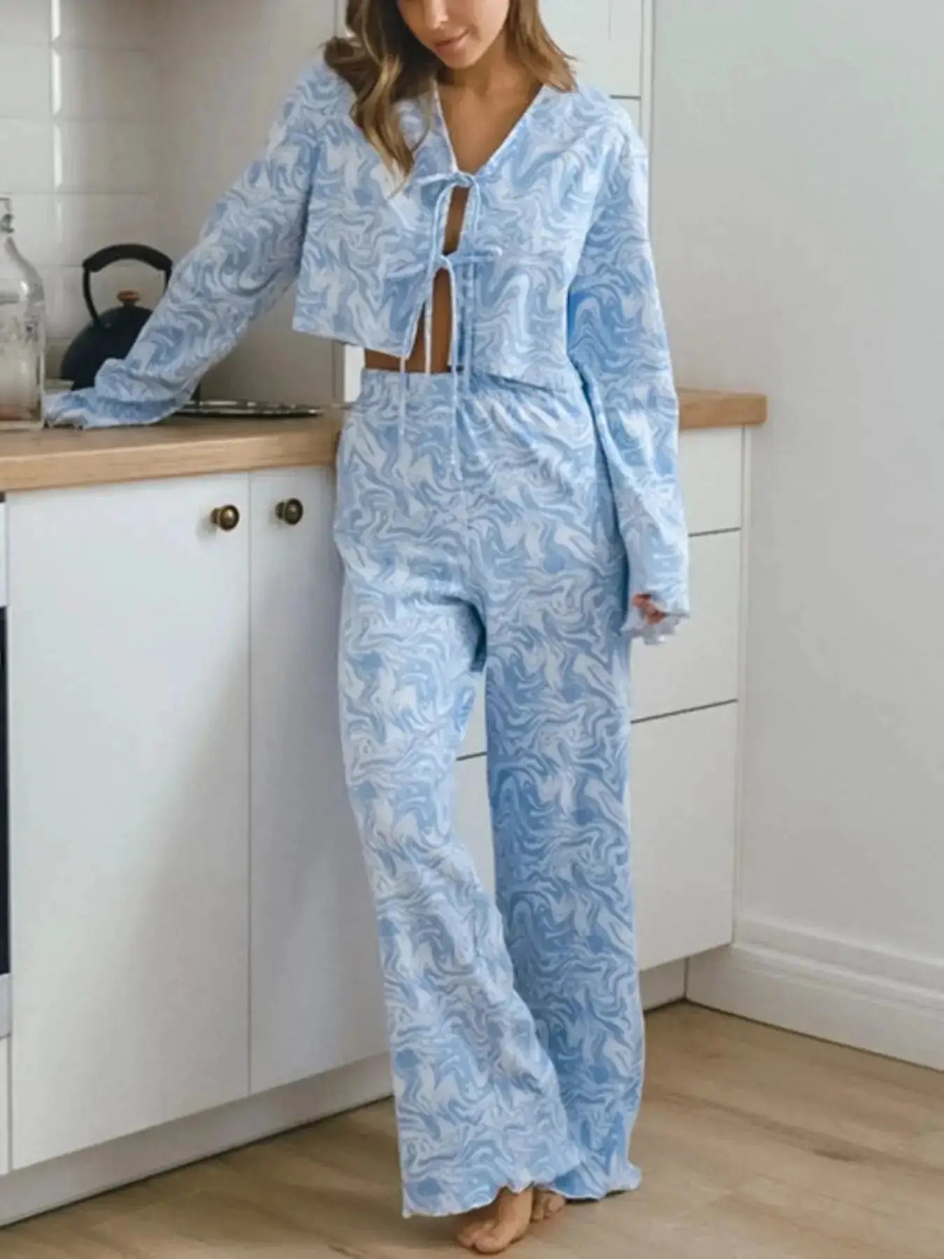 Tie Front Long Sleeve Top and Pants Set