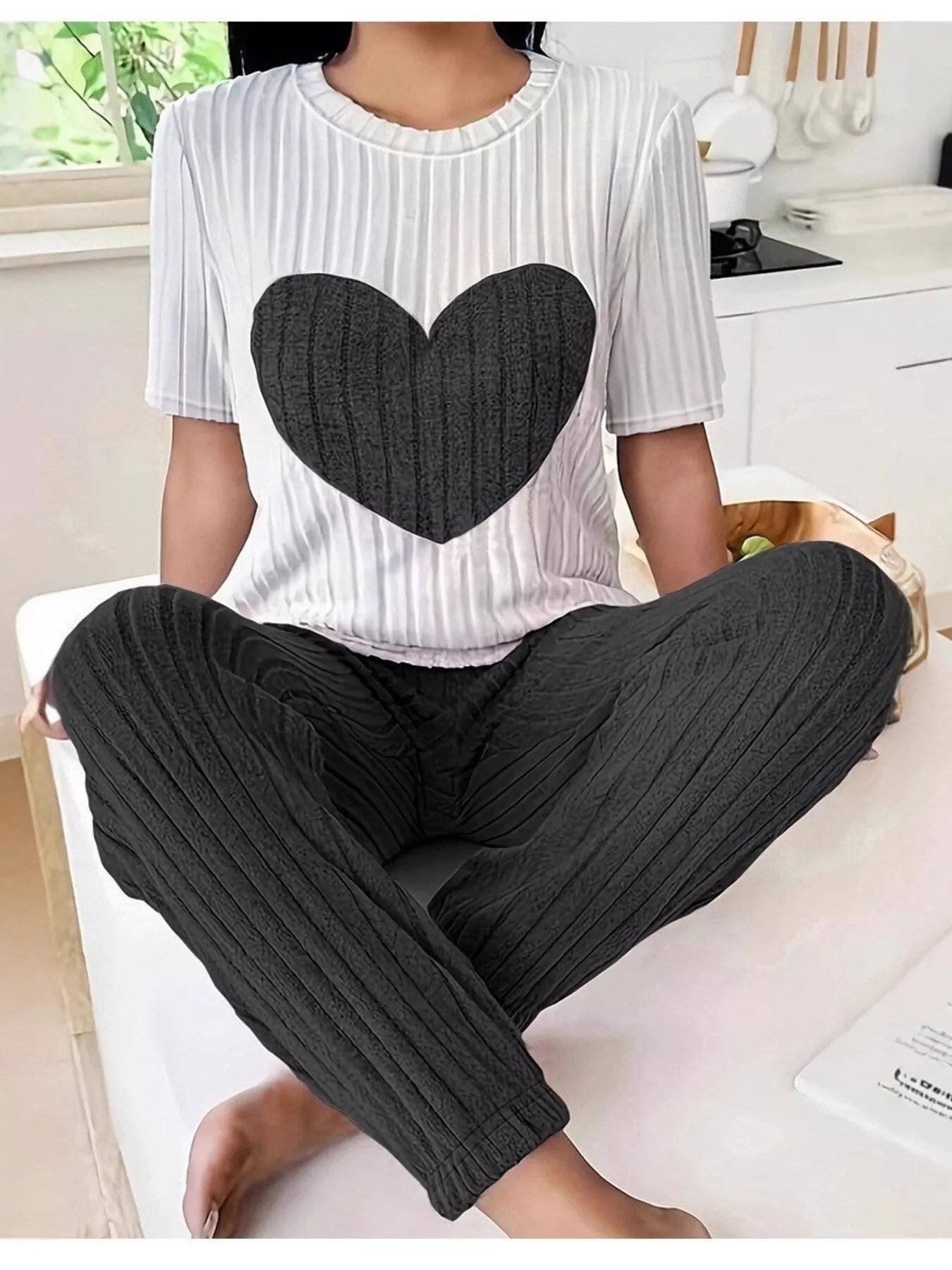 Women's Loungewear Heart Ribbed Knit Set