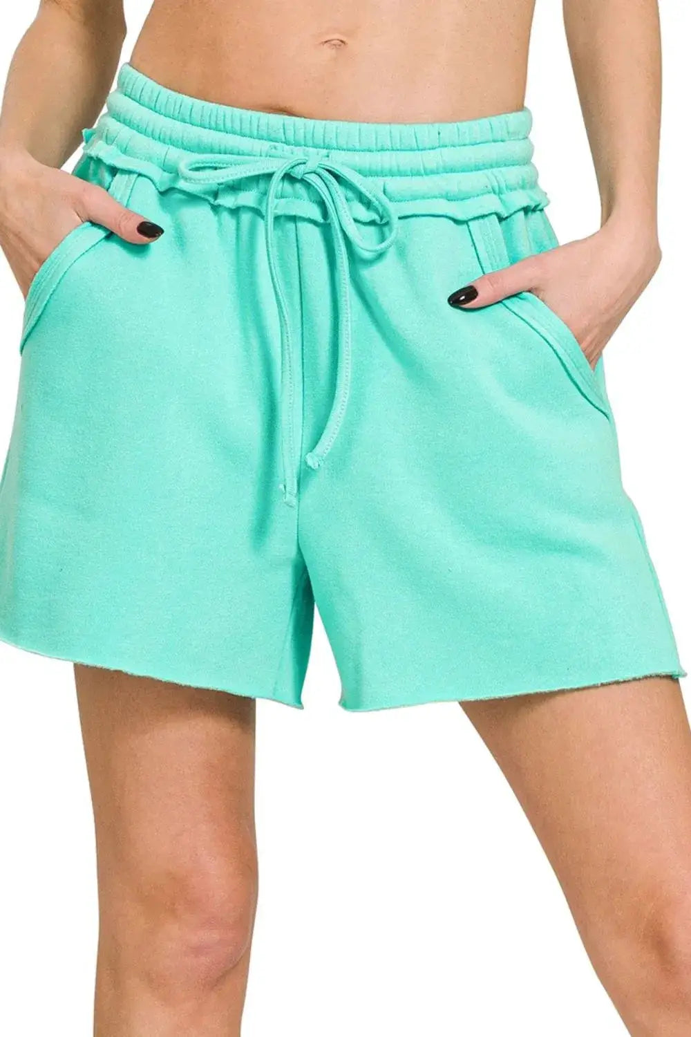 Zenana Fleece Raw Hem Drawstring Shorts For Women — Parfymia