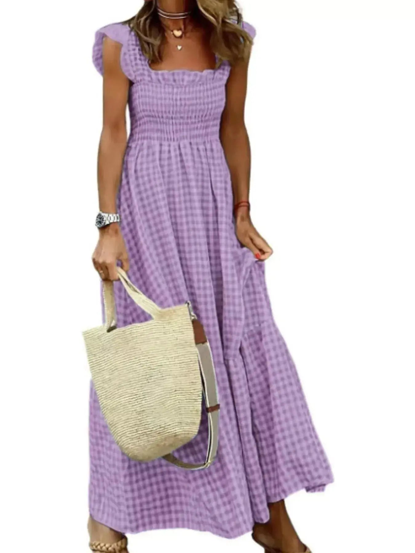 Full Size Gingham Smocked Ruffle Maxi Dress Plus Size Trendsi