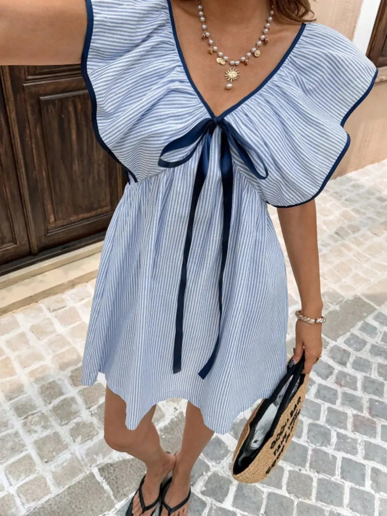 Striped Ruffle Sleeve Mini Dress Trendsi