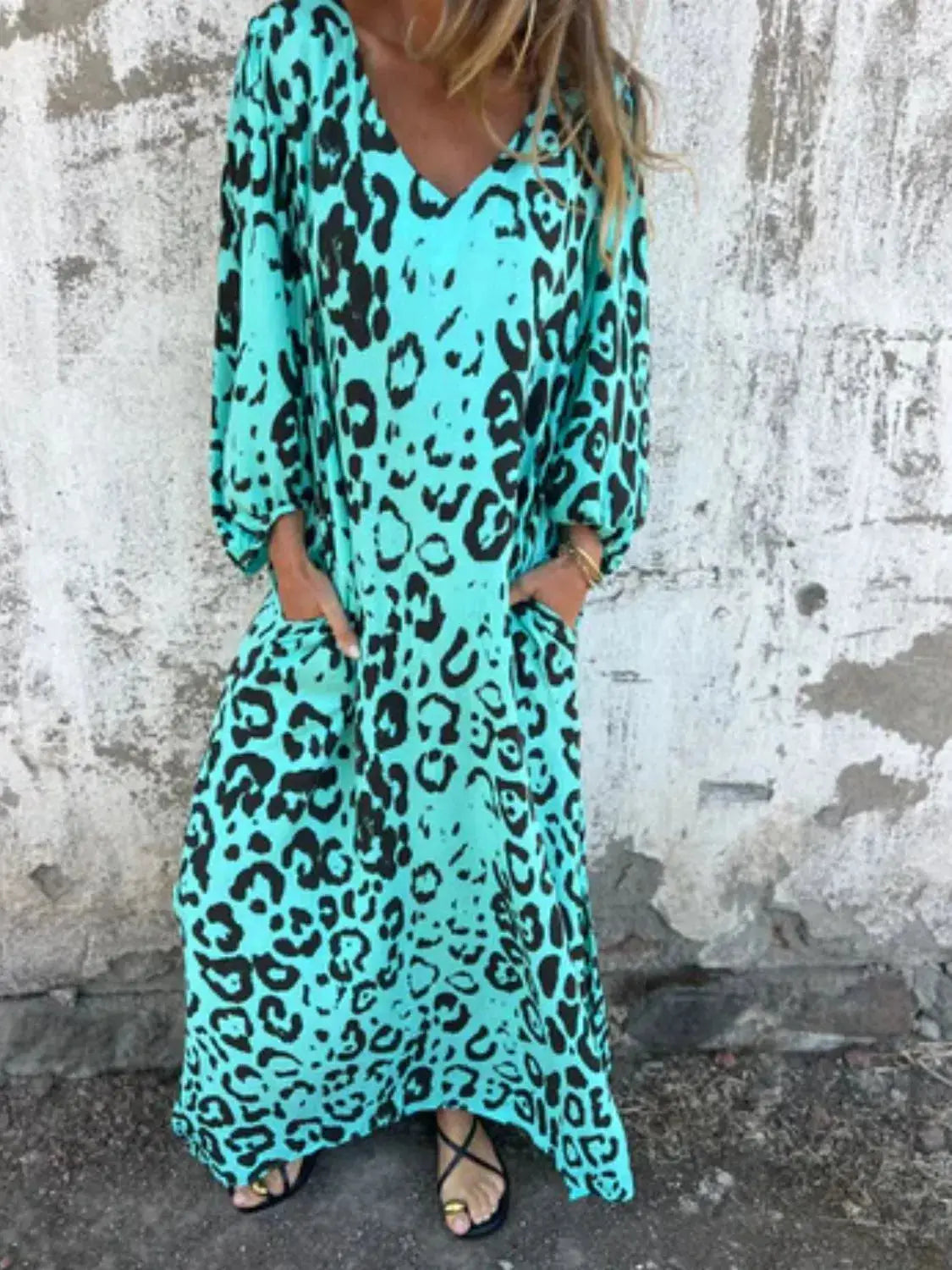 Full Size Printed V-Neck Dress with Pockets Plus Size Trendsi