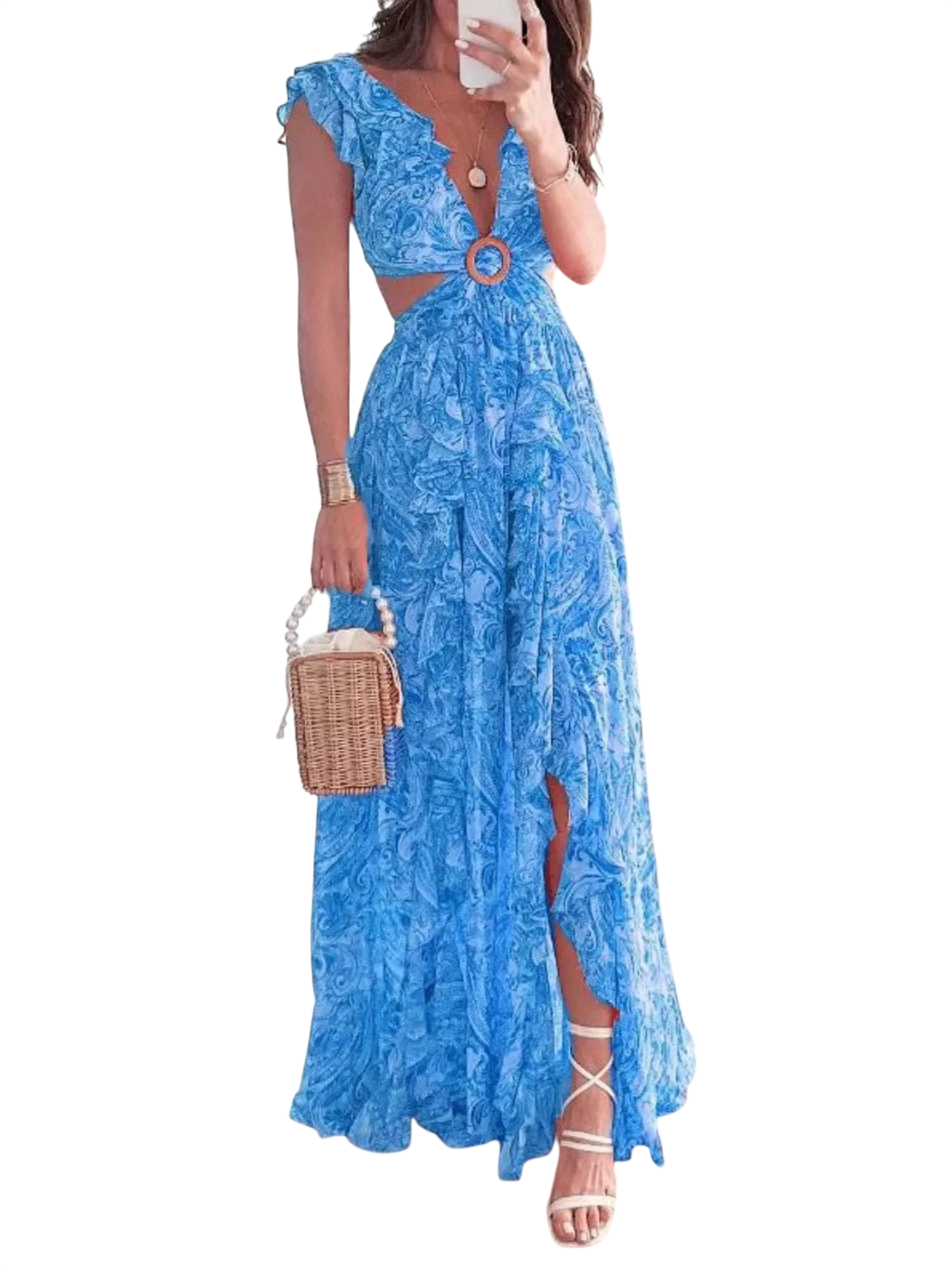 Women's Maxi Dress – Ruffled Cutout V-Neck
