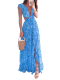 Women's Maxi Dress – Ruffled Cutout V-Neck