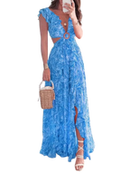 Women's Maxi Dress – Ruffled Cutout V-Neck