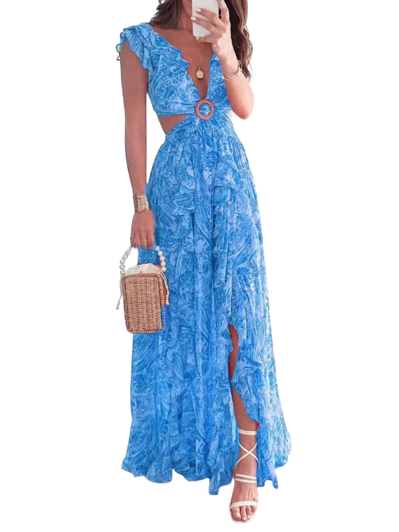 Women's Maxi Dress – Ruffled Cutout V-Neck