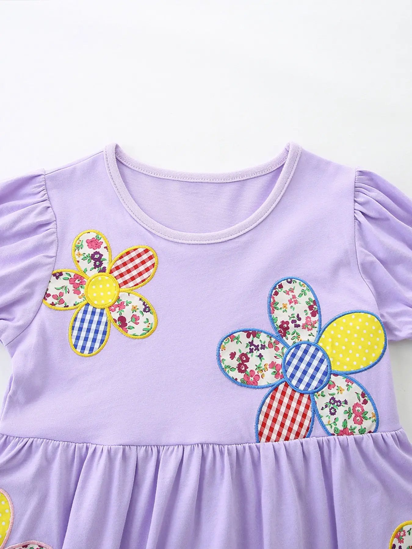 Lavender Floral Patchwork Puff Sleeve Casual Dress For Girls — Parfymia