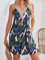 Tropical Leaf Print V-Neck Sleeveless Dress