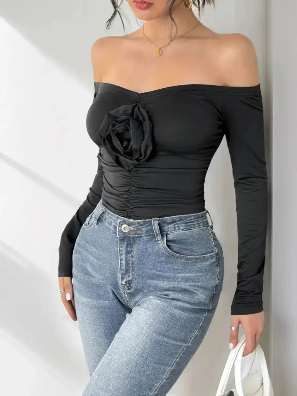 Perfee Ruched Flower Off-Shoulder Long Sleeve Bodysuit by Parfymia
