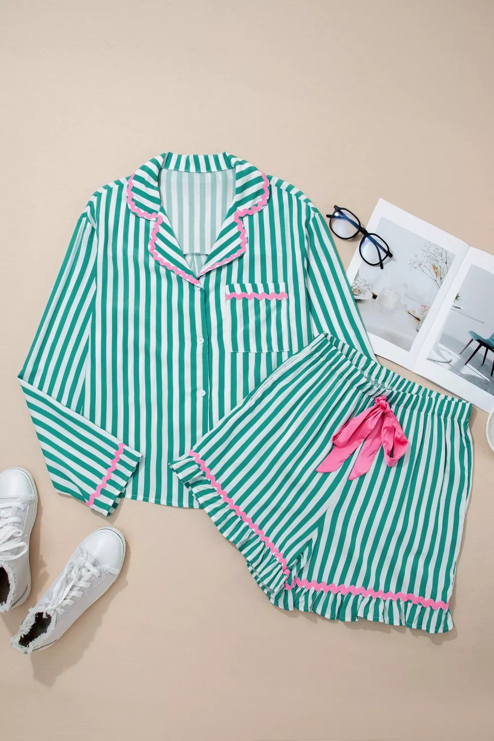 Women's Loungewear Set – Striped Ricrac Trim