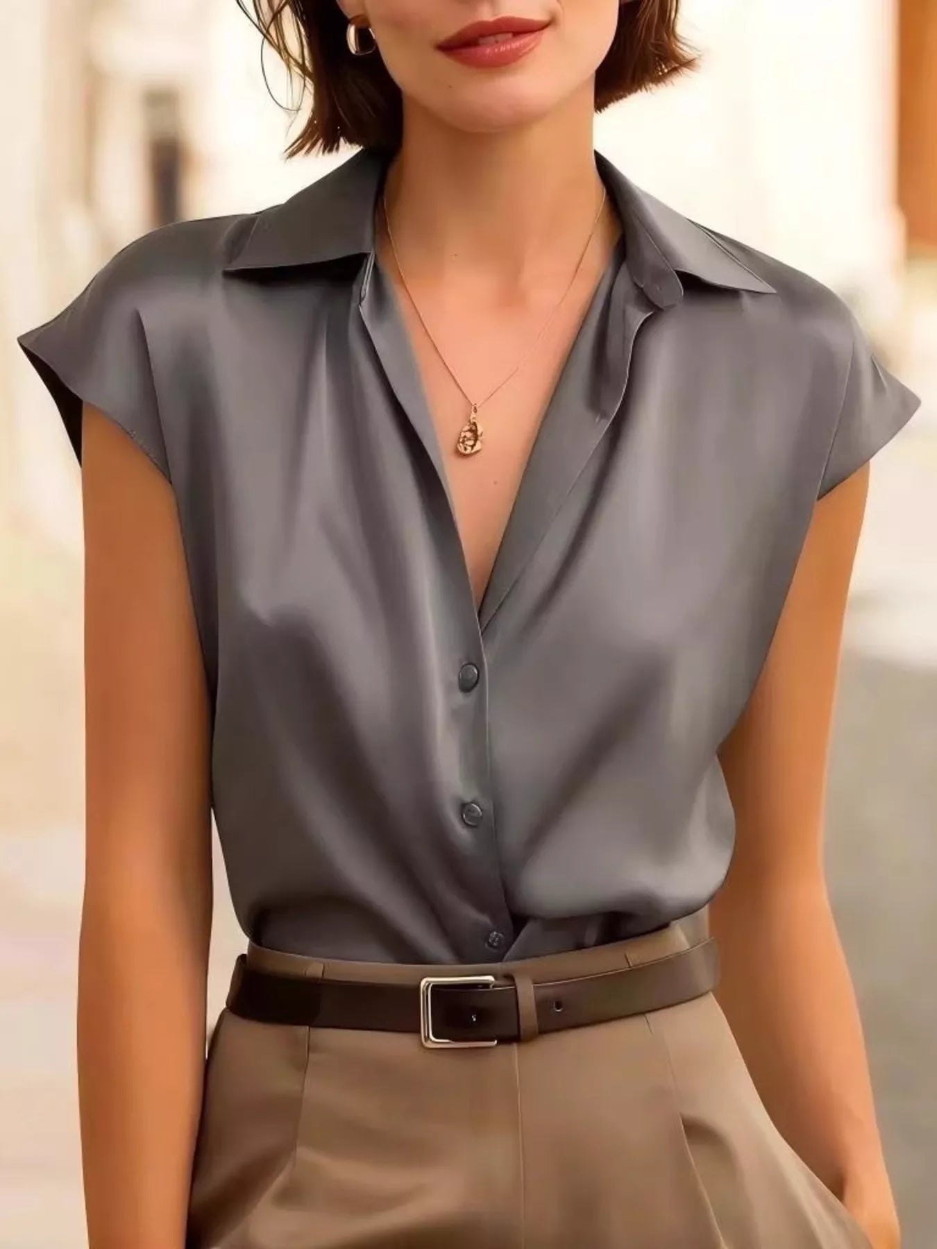 Women's Cap Sleeve Button Up Shirt