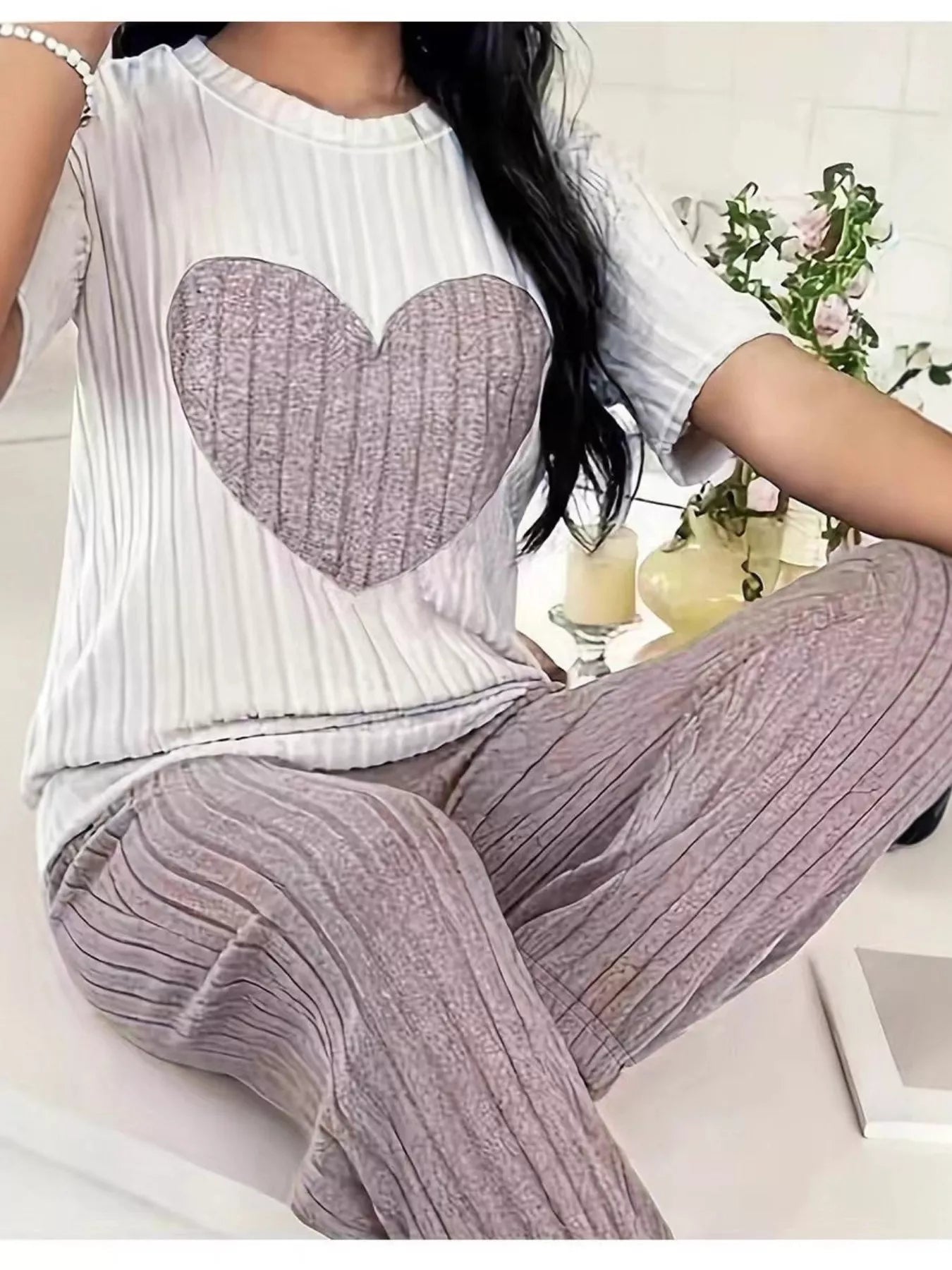 Women's Loungewear Heart Ribbed Knit Set