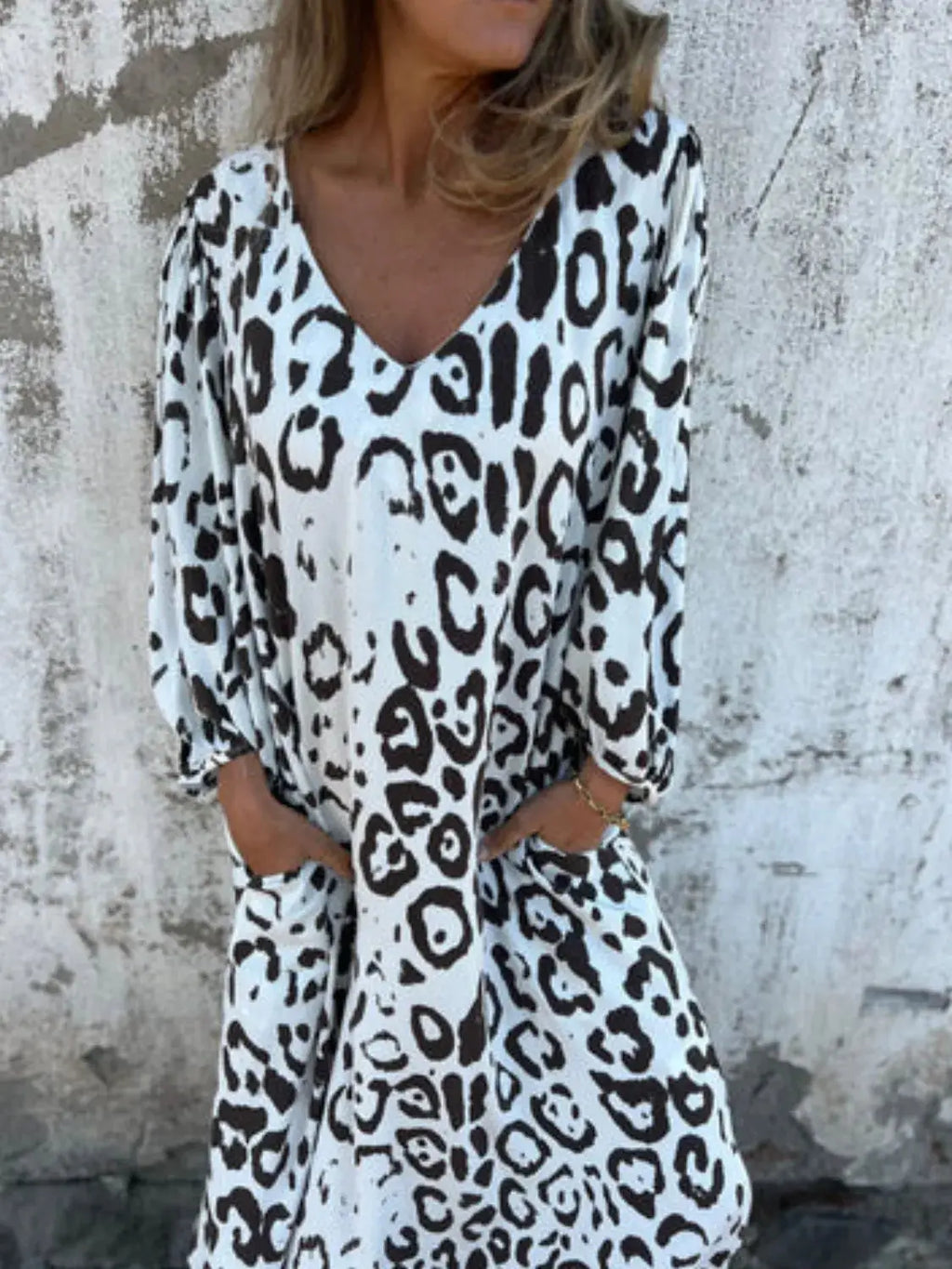 Full Size Printed V-Neck Dress with Pockets Plus Size Trendsi