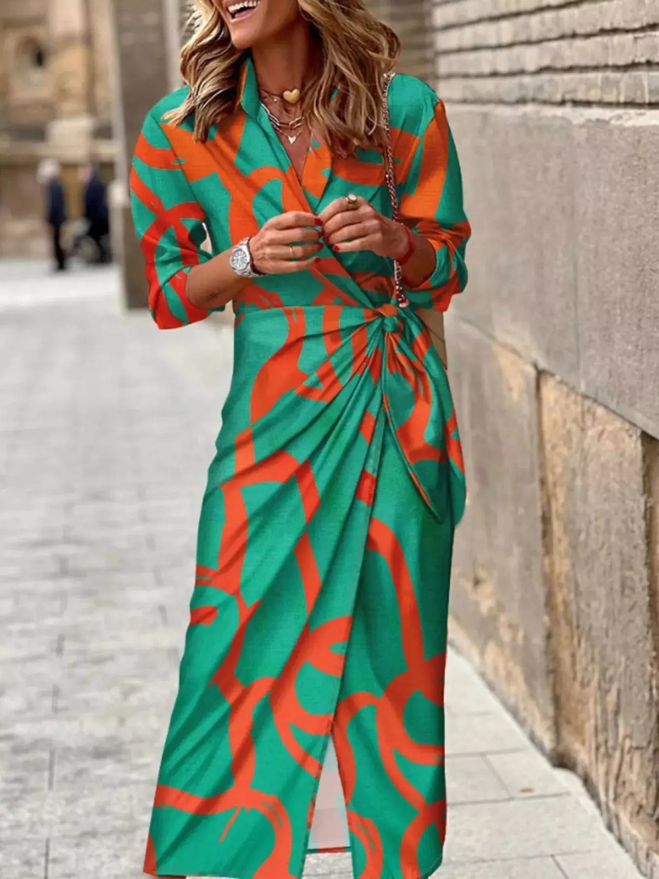 Printed Collared Neck Shirt Dress Trendsi