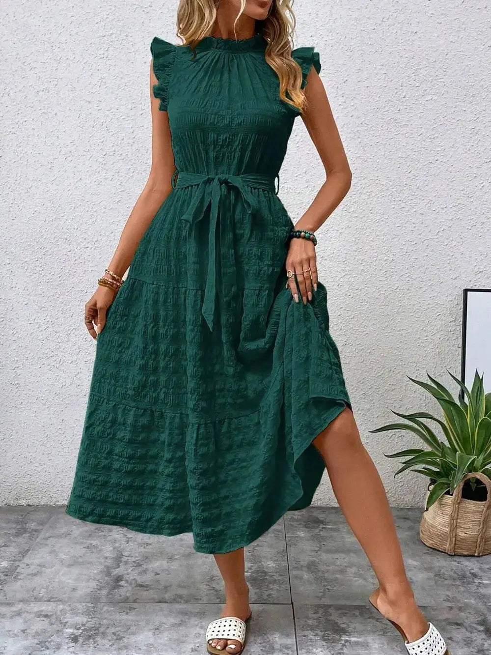 Tied Ruffled Cap Sleeve Midi Dress Trendsi