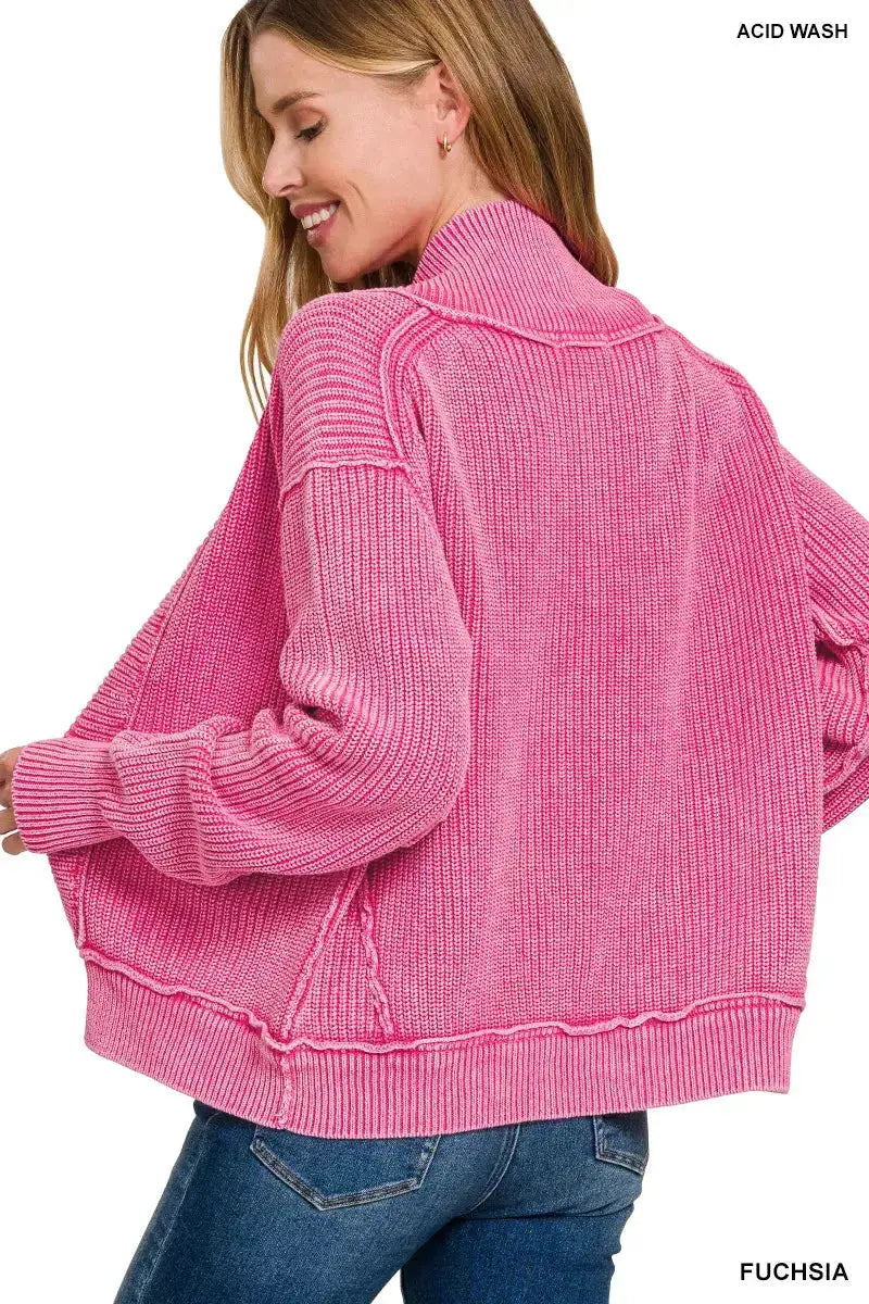 Zenana Washed Dropped Shoulder Cardigan With Side Pockets Pink Knit — Parfymia
